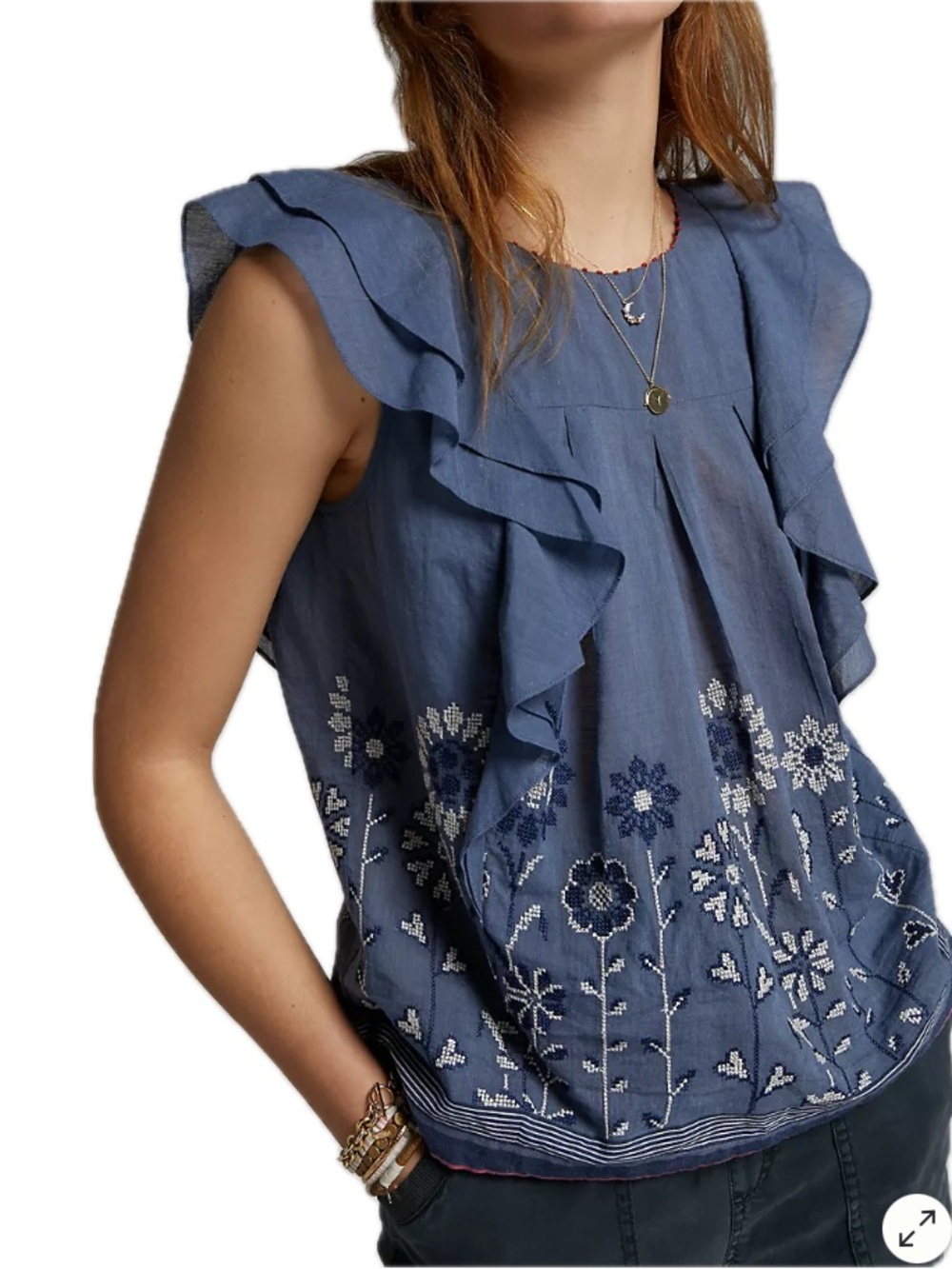 Anthropologie PAYAL PRATAP Heather Embroidered Peasant Top Blue Medium Ruffles